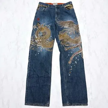 카라쿠리타마시 데님 팬츠 용 드래곤 봉황 피닉스 자수 w36 금 자수