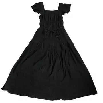 셔링 플레어 롱 원피스 프릴 티어드 블랙 끈 리본 [ F ]