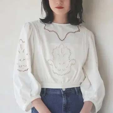 CASA FLINE 핸드 컷워크 자수 상의 화이트