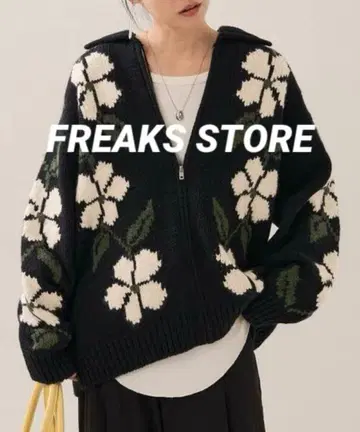 프릭스스토어 빅 꽃무늬 지퍼 니트 가디건