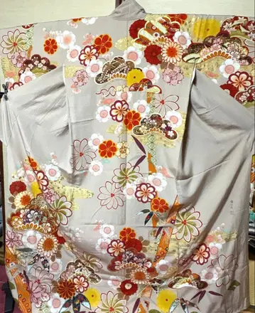 화이트 브라운 길상 꽃 패턴 후리소데 기장 164