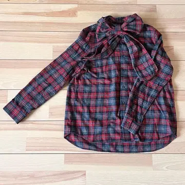 빔즈 보이 플란넬 체크 리본 블라우스