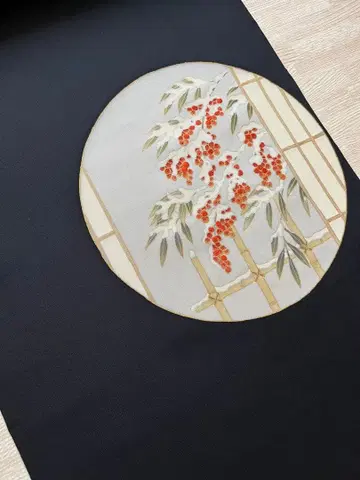 나고야 오비 블랙 베이스 자수 눈을 머금은 남천