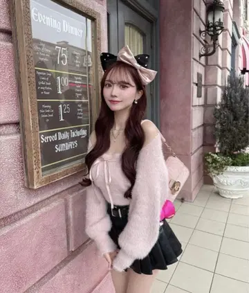 elmyu 숏 가디건 + 리본 베어 상의 2종 핑크