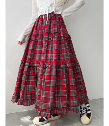 wc 타탄 체크 티어드 롱 스커트 레드