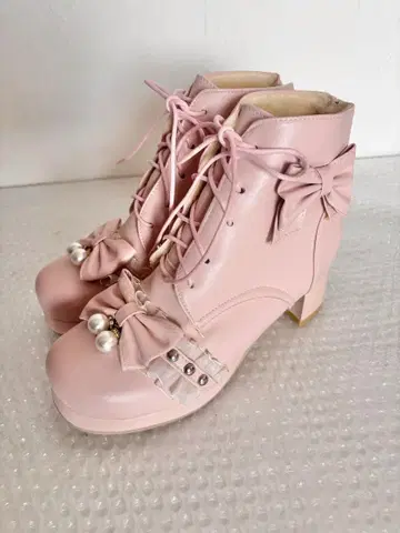 리본 프릴 부츠 핑크 38 속창 폭신폭신 리본 펄 장식 핑크 부츠