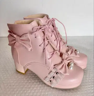 리본 프릴 부츠 핑크 38 속창 폭신폭신 리본 펄 장식 핑크 부츠