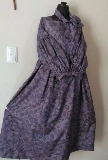 오시마 명주 리메이크 보라색 꽃무늬 롱 원피스 긴팔