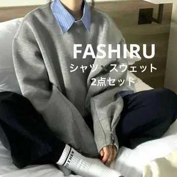 [ FASHIRU ] 2종 세트 스트라이프 변형 셔츠 & 풀오버 맨투맨