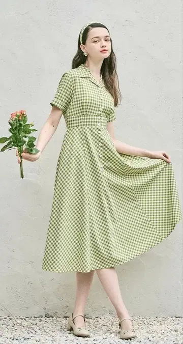 an another angelus 레트로 깅엄 오픈 카라 원피스 그린