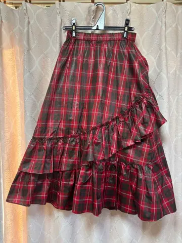 [furfur] 퍼 퍼 체크 프릴 스커트 레드