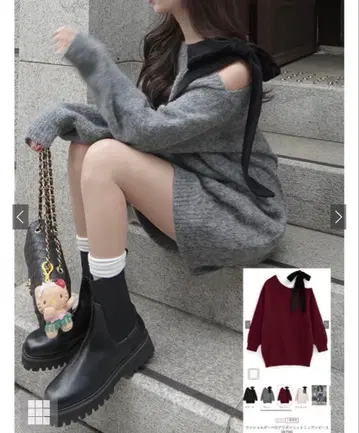 원숄더 벨로아 리본 니트 미니 원피스 [dr796]