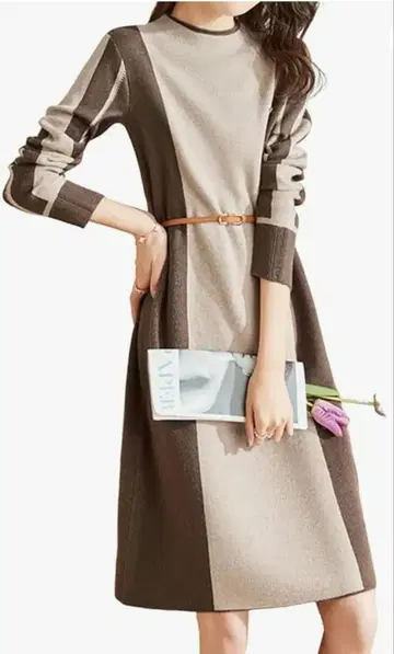 니트 원피스 L 사이즈 벨트 포함 베이지 브라운 깔끔한 성인 원피스