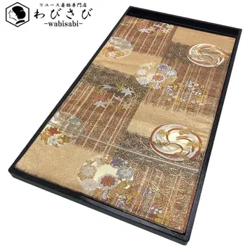 후쿠로 오비 원형 꽃무늬 린넨 아사노하 문양 금실 토리노코색 O-4678