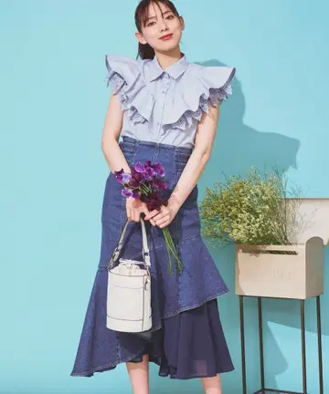 [Noela (노엘라)] 쉬폰 절개 데님 머메이드 스커트