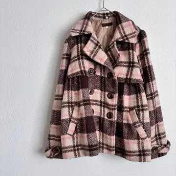 여성용 피코트 울 혼방 체크 무늬 더블 버튼 귀여운 페미닌