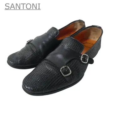 SANTONI 더블 몽크 스트랩 가죽 뜨개질 비즈니스 슈즈