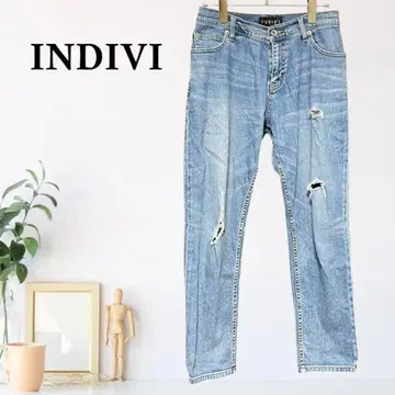 zB539 [ S ] INDIVI 리페어 가공 데님 팬츠 라이트 워시