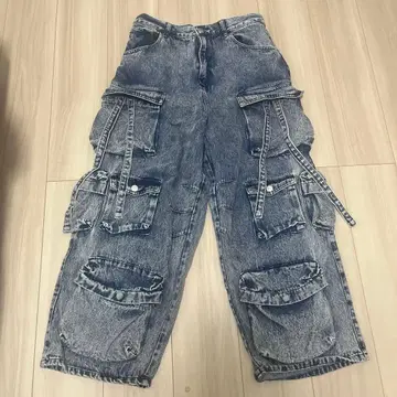 데미지 가공 데님 카고 팬츠 블루