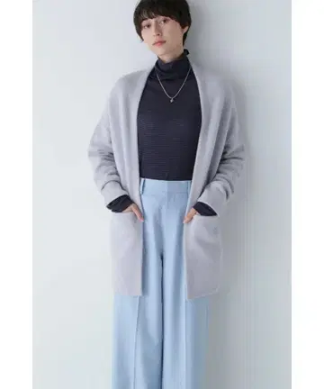 human woman 라이트 그레이 긴팔 가디건 포켓 부착