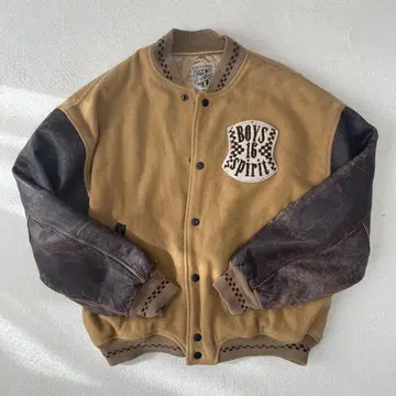 가죽 바시티 자켓 빈티지 베이지/브라운