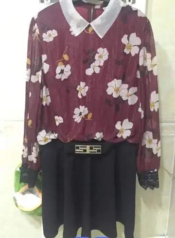 보르도 플라워 프린트 셔츠 스커트 세트