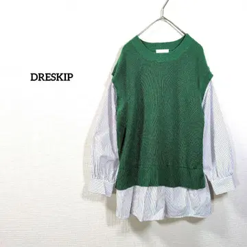 DRESKIP 니트 셔츠 절개 상의 그린 L 넉넉하고 귀여운