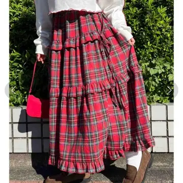 WC 체크 티어드 롱 스커트 빨간색