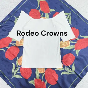 로데오 크라운 스퀘어넥 리브 티셔츠 M 화이트 5부 소매 심플