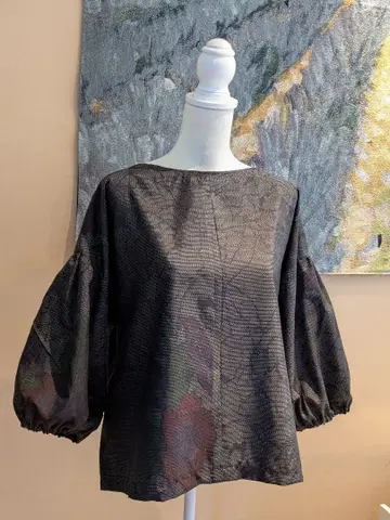 순수 실크 오시마 명주 기모노 리메이크 퍼프 슬리브 풀오버 상의 블라우스