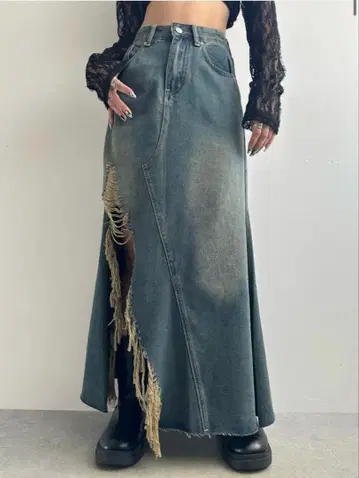 데님 슬릿 롱 스커트