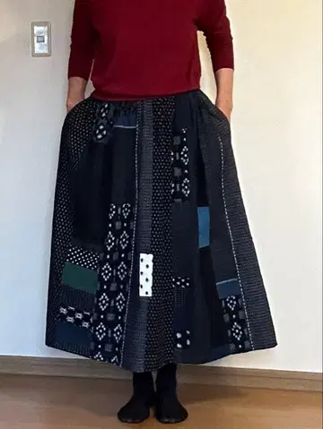 네이비 나염 빈티지 원단 리메이크 패치워크 스커트