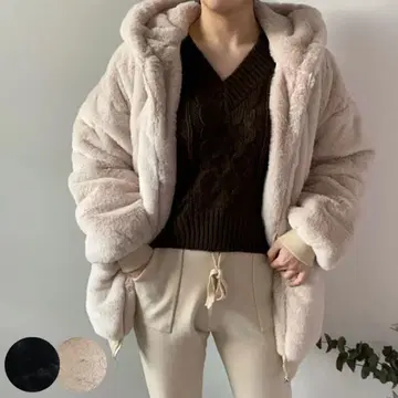 vividlady 인조 모피 후드 부착 후드티