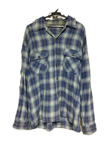 좋은 배색! 옴브레 체크 셔츠 파랑 섀도우 오픈 카라 vintage