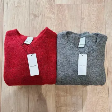 택 포함 새상품 Happy John 울 블렌드 니트 레드 & 그레이