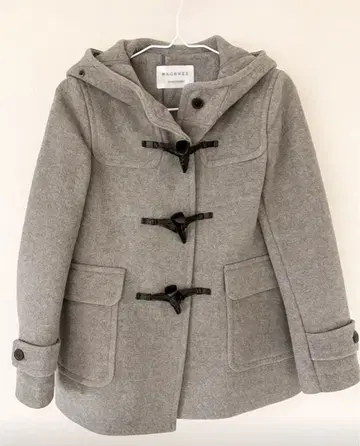 울 더플 코트 여성용 M 그레이 토글 천연 가죽 맥피