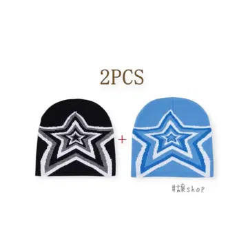 비니 니트 모자 2세트 블랙 블루 별 스타 스트릿 y2k