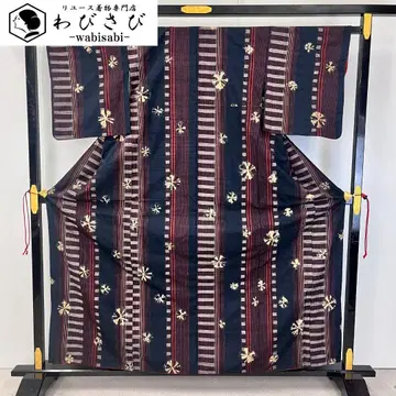 츠무기 기모노 분위기 좋은  세로 줄무늬 다크 네이비 K-4600