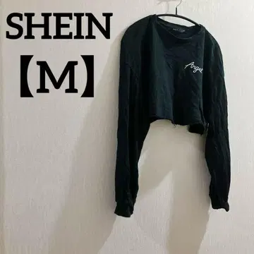 SHEIN [ M ] 블랙 크롭 맨투맨 Angel 자수 숏 기장 심플