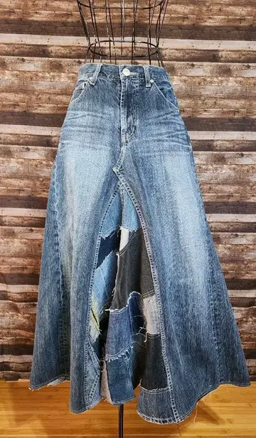 리메이크 데님 맥시 길이 롱 스커트