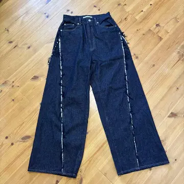 프린지 장식 다크 블루 와이드 레그 데님 팬츠