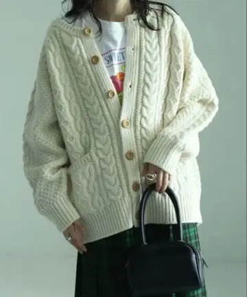 피셔맨 니트 아이보리 케이블 짜임 니트 가디건