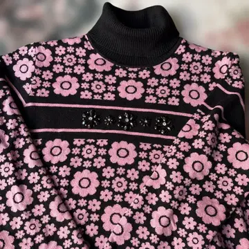 SuperBeauty 꽃무늬 터틀넥 니트 원피스 귀여운 핑크