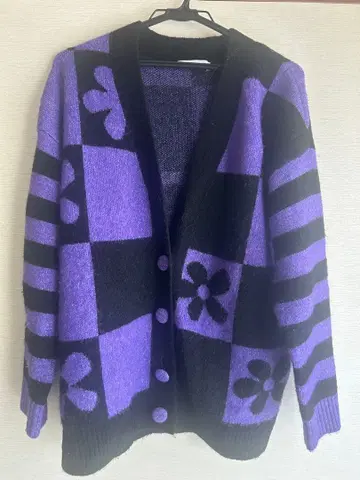 ZARA 보라색 블랙 체크 무늬 가디건 M