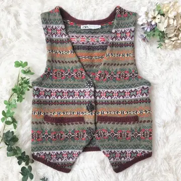 ZARA 자카드 니트 베스트 S 브라운 계열