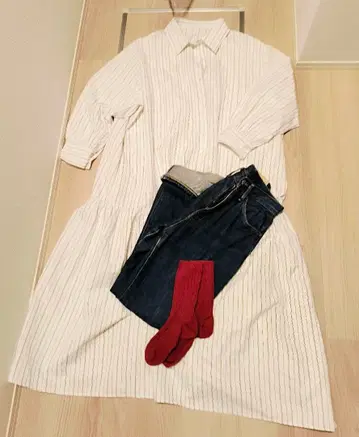 스트라이프 셔츠 원피스 긴팔 플레어