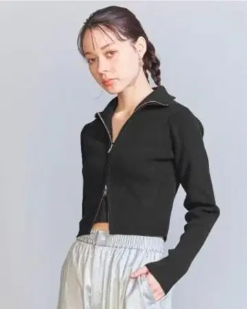 코튼 블렌드 리브 지퍼 가디건 블랙