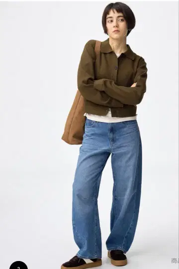 택 포함 새상품 지유 GU 배럴 레그 데님 팬츠 M 블루 기장 짧음