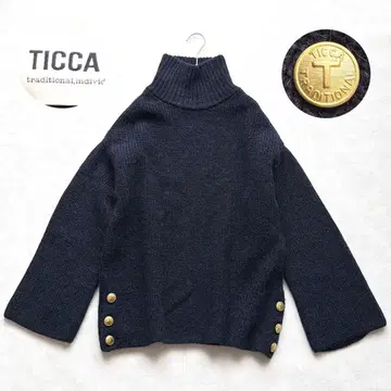 TICCA 알파카 혼방 골드 버튼 니트 네이비 하이넥 F 사이즈