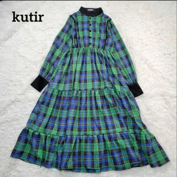 새상품급 쿠틸 긴팔 원피스 롱 체크 밴드 카라 티어드